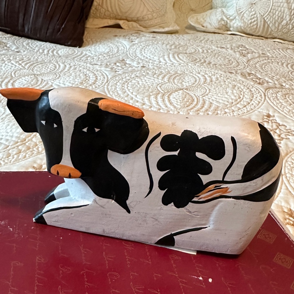 Black and White wooden carved Cow Figurine